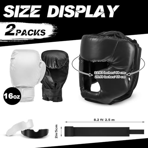 Kanayu 14 Pcs Boxing Gloves and Headgear Set for Beginners Youth 16 Ounce Boxing Gloves Headgear Helmet Hand Wraps Mouth Guards Equipment for Beginners Training Equipment Gifts - color: Black, White