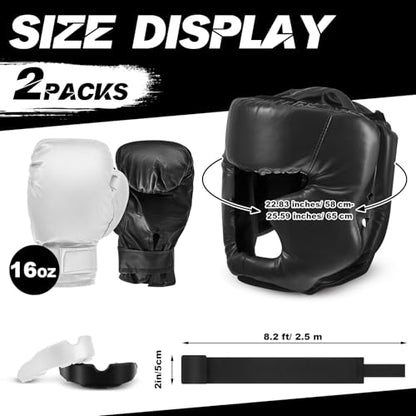 Kanayu 14 Pcs Boxing Gloves and Headgear Set for Beginners Youth 16 Ounce Boxing Gloves Headgear Helmet Hand Wraps Mouth Guards Equipment for Beginners Training Equipment Gifts - color: Black, White