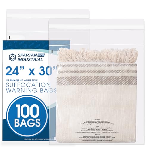 Spartan Industrial - 24" X 30" (100 Count) Self-Seal Clear Poly Bags With Suffocation Warning for Packaging, Shipping, Decor - Permanent Adhesive - size: 24" X 30"