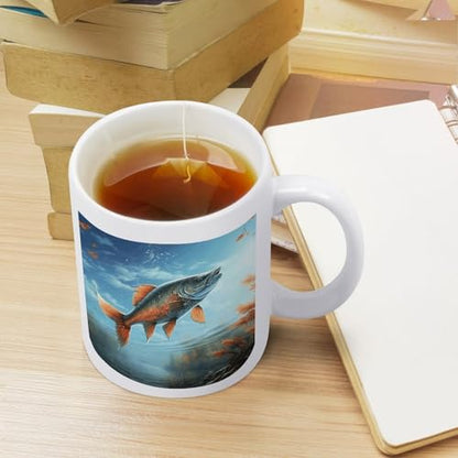 11oz White Ceramic Coffee Mug Funny Safflower Flying Fish Tea Cup Microwave & Dishwasher Safe, Lead-Free for Home Office Daily Use & Gifting - color: Safflower Flying Fish