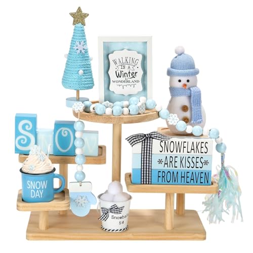Winter Decorations for Home 8 PCS Tiered Tray Decor Set, Cute Christmas Blue Winter Wonderland Decor for Home Tray Shelf Mantel Office Indoor Snowman Table Centerpieces New Year Holiday Decoration - color: Winter
