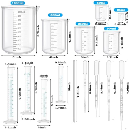 23Pcs Graduated Cylinders Beakers Set 6 Clear Plastic Graduated Cylinders 25/50/100/250/500/1000ml 4 Plastic Beakers 10/25/50/100ml with 8 Plastic Droppers and 5 Stirring Rod