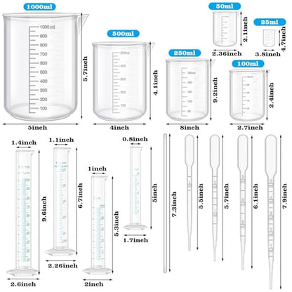 23Pcs Graduated Cylinders Beakers Set 6 Clear Plastic Graduated Cylinders 25/50/100/250/500/1000ml 4 Plastic Beakers 10/25/50/100ml with 8 Plastic Droppers and 5 Stirring Rod