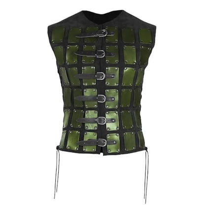 Viking Chest Guard, Medieval Vest Chest Armor with 6-Layer Belt Buckle, Steampunk Cosplay Knight Breastplate - color: Green