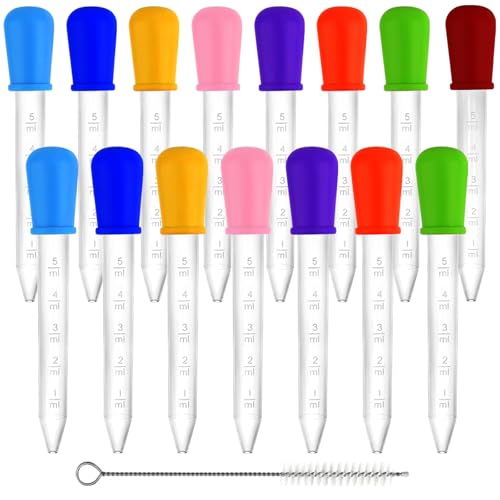 15 PCS Liquid Droppers Silicone, 5ml Clear Medicine Eye Dropper for Kids, Silicone and Plastic Pipettes with Bulb Tip & Clean Brush & Scale for Candy Mold, Gummy Bear, Crafts Projects (8 Colors)
