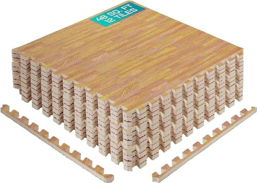Yes4All EVA Interlocking Mats, Puzzle Floor Tiles, Foam Floor Padding with Border for Furniture, Home Space, Living Room, Garage - color: F. 48 Square Feet (12 Tiles) - Light Oak Wood