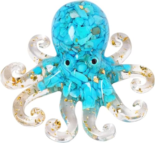 Octopus Decor Aquarium Turquoise Decorative Resin Glass with Natural Crystal Stone Marine Animals Fish Tank Ornaments Statue Healing Home Decor Ladies Gift 3.93" - color: Blueturquoise-newoctopus