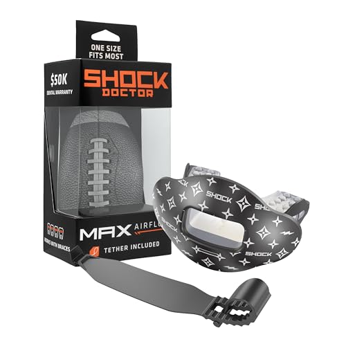 Shock Doctor Lip Guard, Adult and Youth Mouth Guard Football with Strap, Breathable Wide Opening Football Mouthpiece for Youth and Adults OSFA, Shock Doctor Mouth Guards, Max Airflow - color: Lux Black