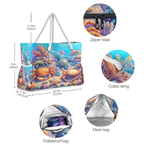 senya Large Beach Bags Totes Canvas Tote Shoulder Bag Soft Wave Water Resistant Bags for Gym Travel Daily Ocean - color: Marine Crab