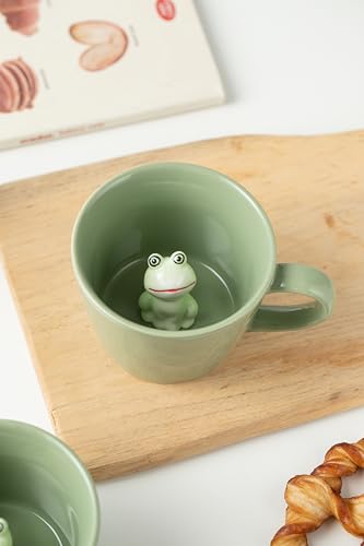 DIHOclub Frog Coffee Cup Hidden 3D Animal Inside Mug,Garden series Handmade Figurine Mugs 12OZ(Green) - color: Green Frog
