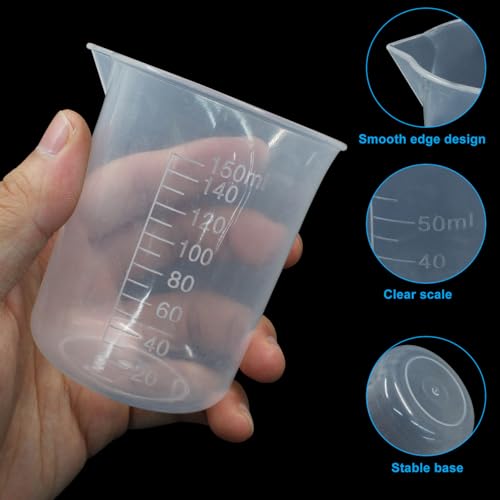 Waziaqoc 4 Pack Plastic Graduated Beaker, 50ml/100ml,/150ml/300ml Transparent PP Measuring Cup Mixing Cup for Kitchen Lab
