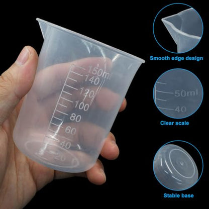 Waziaqoc 4 Pack Plastic Graduated Beaker, 50ml/100ml,/150ml/300ml Transparent PP Measuring Cup Mixing Cup for Kitchen Lab