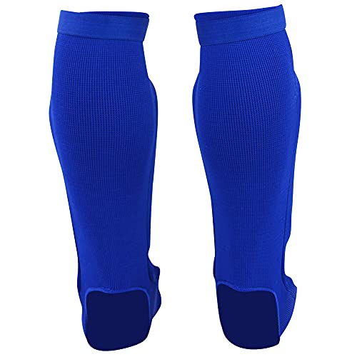 Slip On Elastic Muay Thai Shin Guards – Kickboxing, MMA Sparring and Training Protective Instep Shin Pads - color: Blue, size: Large-X-Large