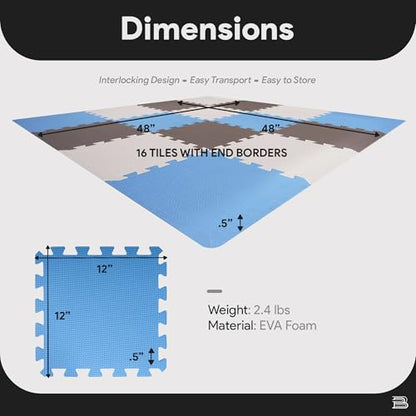 BalanceFrom 16-Pack 12x12 Inches EVA Interlocking Foam Play Tile Mat, Blue/Brown/Beige – 0.4-Inch Thick Non-Slip Puzzle Flooring for 16 Square Feet in Playroom, Nursery, or Playpen at Home