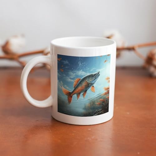 11oz White Ceramic Coffee Mug Funny Safflower Flying Fish Tea Cup Microwave & Dishwasher Safe, Lead-Free for Home Office Daily Use & Gifting - color: Safflower Flying Fish