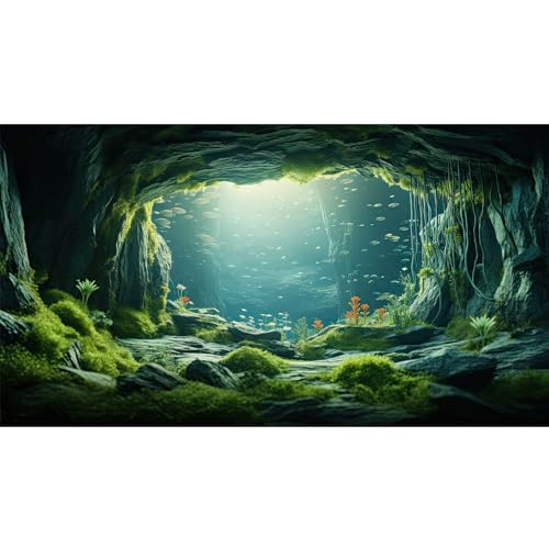 Underwater Cave Aquarium Background Under The Sea World Large Rock Fish Tank Background Aquatic Plant Lush Green Moss Reptile Tank Backgrounds Cave Landscape Reptile Enclosure Background 24x12in - color: Bright Green, size: 24(W)x12(H)inches/ 60(W)*30cm(H