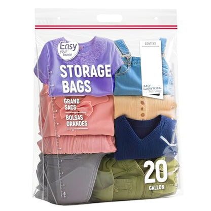 20 Gallon Jumbo Zipper Lock Plastic Bags with Handle and bottom,24" x 31"+7",Jumbo Size Reusable Storage Bag with Double Zip for Clothing,Travel,Moving,Beach,BPA-Free,3.15-Mil Thick