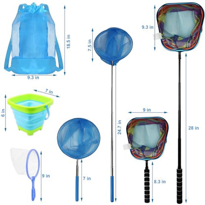Kids Fishing Net Set – Telescopic Landing Net with Bucket, Small Butterfly & Bug Net, Storage Bag for Freshwater Lake Pond Garden Outdoor Activities - color: Blue