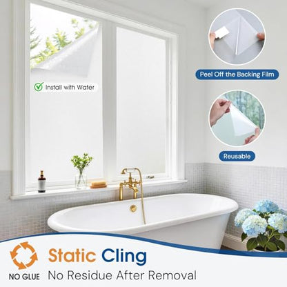 Homein Frosted Glass Window Privacy Film with Tools UV Blocking Privacy Film for Glass Windows, Static Cling No Glue Removable Reusable Anti Glare for Home Day and Night, Pure 17.5" x 78.7"