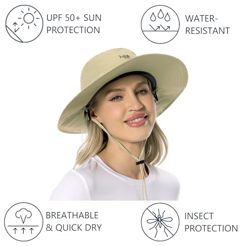 BASSDASH UPF 50+ Mosquito Sun Hat with Hidden Head Net and Neck Flap for Men Women Outdoor Fishing Hiking Camping - color: Khaki