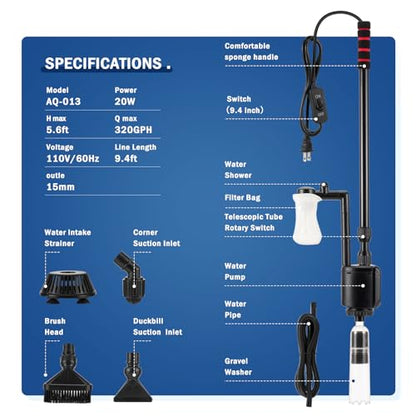 AQQA Electric Aquarium Vacuum Gravel Cleaner, 6 in 1 Automatic Fish Tank Vacuum Cleaning Tools Kit Water Changer, Multifunction Wash Sand Filter Water Circulation 20W 320GPH 110V
