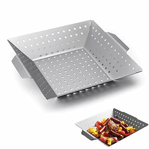 12 Inch Square Grill Basket, Stainless Steel BBQ Basket with Non-Stick Coating, Heat-Resistant Handle for Vegetables, Fish, Shrimp - Fits Gas/Charcoal/Electric Grills (Silver) - style: Grill Basket