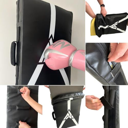Martial Arts Kicking Shield Pad for Muay Thai, Taekwondo Football, Basketball, Hockey Training - Denser Foam, High-Density PU Leather Cover - color: Black Pad Pro