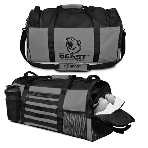 Gym Duffle Bag, Gray/Black | Workout, Boxing, MMA, Sports Bag, Shoes Compartment, Adjustable Shoulder Strap, For Men and Women - color: Gray/Black