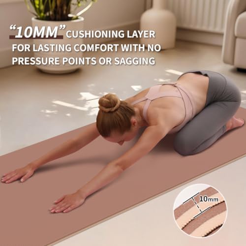 PAIDU POE Yoga Mat （10mm）Extra Thick Fitness Mat 72"x24" with Carry Strap | Non-slip, tear-resistant and suitable for all ages, perfect for yoga, Pilates, home gym and full-body workouts. - color: Brown+Apricot