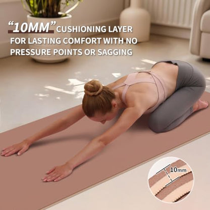PAIDU POE Yoga Mat （10mm）Extra Thick Fitness Mat 72"x24" with Carry Strap | Non-slip, tear-resistant and suitable for all ages, perfect for yoga, Pilates, home gym and full-body workouts. - color: Brown+Apricot