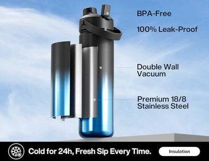 POWCAN 26 oz Insulated Water Bottle with 2-in-1 Straw Spout Lid (Mariner) - color: Mariner, size: 26 Ounces