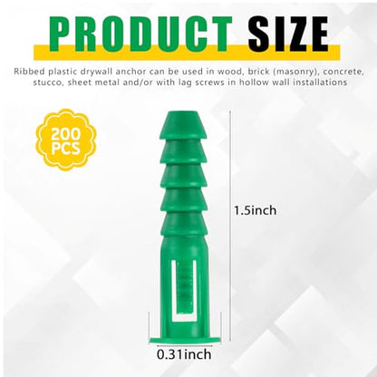 200 Pcs #12-14-16 x 1-1/2 Inch Ribbed Lightweight Plastic Anchors Drywall Anchors for Hollow Walls Pictures Artwork Decor Light Duty Anchoring Application (Green)