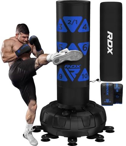 RDX XXL 330LBS Target Freestanding Punching Bag with Cover & Gloves – 72” Adult Heavy Pedestal Punch Bag Set - 17 Suction Cup 8 Extended Legs Stand Base - Kick Boxing MMA Muay Thai Home Gym Fitness - color: BLUE, size: 5.5FT