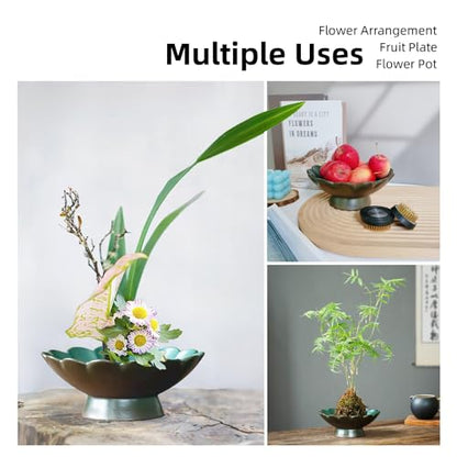 WEOPYCJ Japanese Ikebana, Lotus Shaped Ceramic Bowl Vase, Flower Arranging Supplies Kit with 2pc Round Floral Frog 1 Scissors 1 Kenzan Straightener