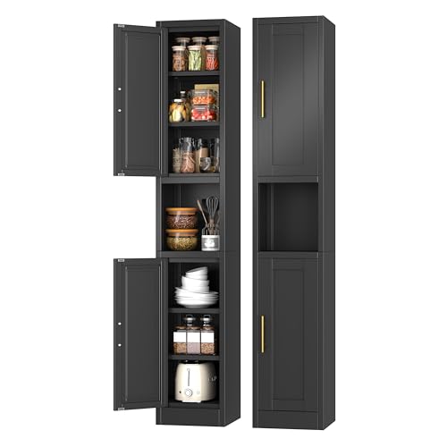 Metal Tall Narrow Storage Cabinet,67" H Freestanding Floor Cabinet with 2 Doors and 4 Adjustable Shelves,Pantry Storage Cabinets for Bathroom,Living Room,Entryway and Kitchen(Black) - color: Black, size: 11.81W