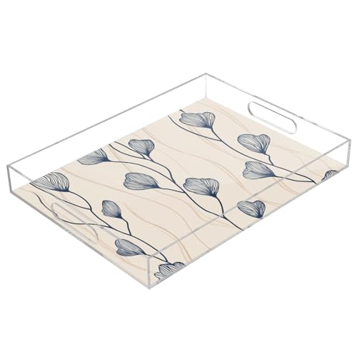 Acrylic Tray Clear Serving Vanity Ottoman Bathroom Coffee Table Countertop Organizer Raised Edge Spill Proof Beige Blue Minimalist Flower - color: Beige Blue Minimalist Flower