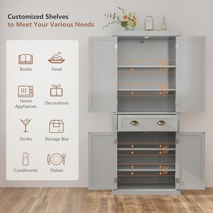 72" Kitchen Pantry,Tall Storage Cabinets with Doors and Shelves,Freestanding Pantry Cabinet for Bathroom,Dining Room and Living Room (Smog Grey) - color: Smog Grey