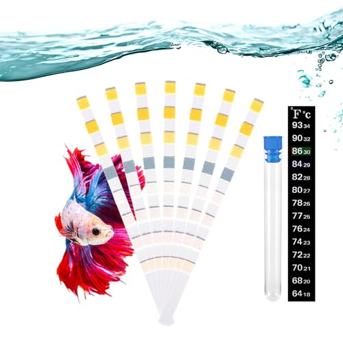 8 in 1 Aquarium Test Kit Fish Tank Test Strips Accurate Water Quality Testing Strips for Ammonia PH Total Alkalinity Carbonate Hardness Free Chlorine Nitrate Nitrite Temperature (100 Strips)