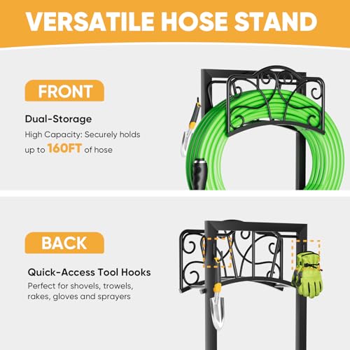 Heavy-Duty Garden Hose Holder with Tool Hooks and Stable Base, Metal Hose Hanger Garden Hose Storage Holds 160Ft, Rustproof Freestanding Water Hose Holder for Outside, Yard, Lawn, Farm - size: Holder 42.1in