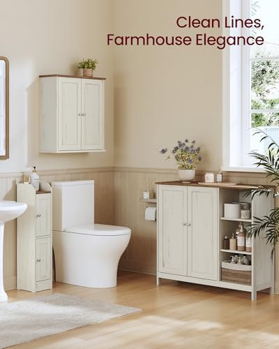 VASAGLE Siren Collection - Bathroom Wall Cabinet, Hanging Bathroom Storage Cabinet, for Medicines, Farmhouse, 2 Adjustable Shelves, 7.9 x 22 x 23.6 Inches, Rustic White and Honey Brown UBBK330WJ01S - color: Rustic White, style: 2Doors(22"W)