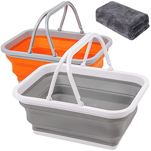 Collapsible Sink with Handle Towel, 2.37 Gal / 9L Foldable Wash Basin for Washing Dishes, Camping, Hiking and Home - color: 2pcs-orange&gray