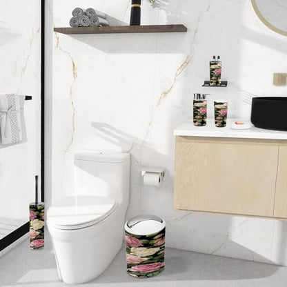 Bathroom Accessory Set 6 Piece Peony Roses Black White Stripes Flowered Trash can, Toothbrush Holder, Toothbrush Cup, Soap Dispenser, Soap Dish, Toilet Brush Holder - color: Color2