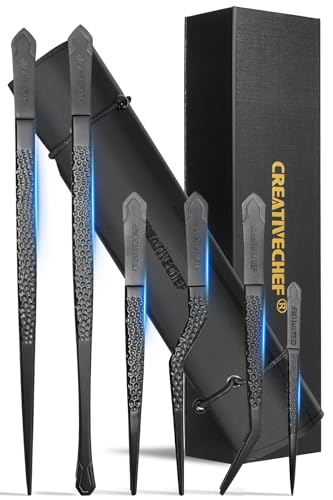 Titanium Kitchen Tweezers Set Professional, Chef Plating Tongs, Ultra Lightweight Non Rust Food Tweezer for Cooking, Baking, Decorating(Black)