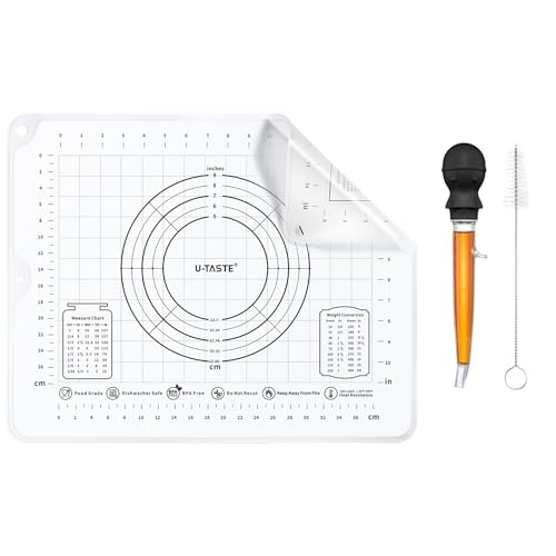 U-Taste 228.2℉ Heat Resistant Food Grade 1.5oz Angled Turkey Baster, and 20inx16in Large Silicone Pastry Mat Food-Grade Non-Stick Dough Rolling Mat (Black+Transparent)
