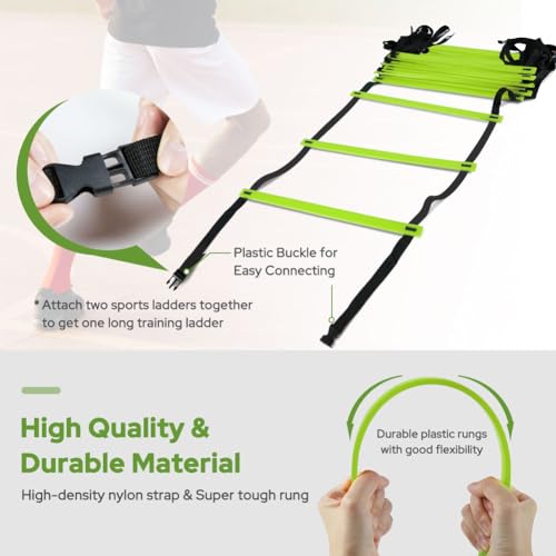 GHB Pro Agility Ladder Agility Training Ladder Speed 12 Rung 20ft with Carrying Bag - color: Green-2 Pack