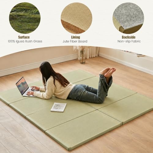HAGiHARA Japanese Tatami Mat, Folding Rush Grass Floor Mattress | Breathable Igusa Rush Grass Tatami with Foldable Design for Floor Comfort - size: Twin XXL