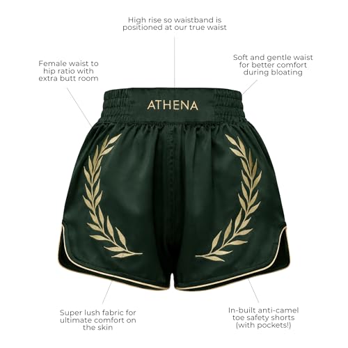 Women's Green & Gold Muay Thai MMA Shorts Athena with Built-in Safety Compression Tights. Muay Thai Kickboxing Training - size: Medium