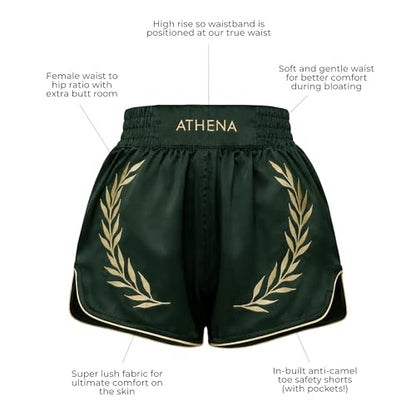 Women's Green & Gold Muay Thai MMA Shorts Athena with Built-in Safety Compression Tights. Muay Thai Kickboxing Training - size: Medium