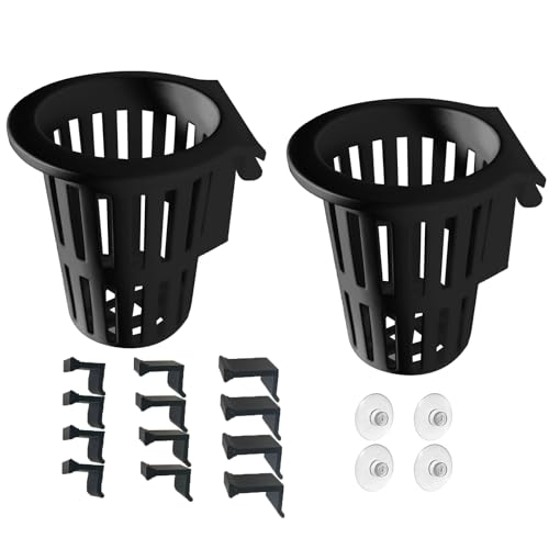 Aquarium Plant Holder Pack of 2 Black Hanging Aquatic Plant Cup Pot for Fish Tank,Round Hydroponic Planter Basket for Aquascape，3-Size Hooks & Suction Cups
