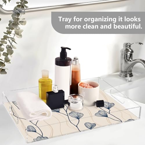 Acrylic Tray Clear Serving Vanity Ottoman Bathroom Coffee Table Countertop Organizer Raised Edge Spill Proof Beige Blue Minimalist Flower - color: Beige Blue Minimalist Flower